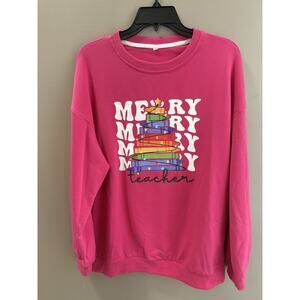 Merry Merry Teacher Christmas Oversized Sweatshirt Pink M Gift Holiday